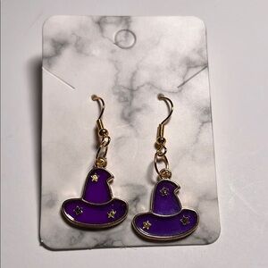 Purple Witch Hat Earrings With Gold Stars
